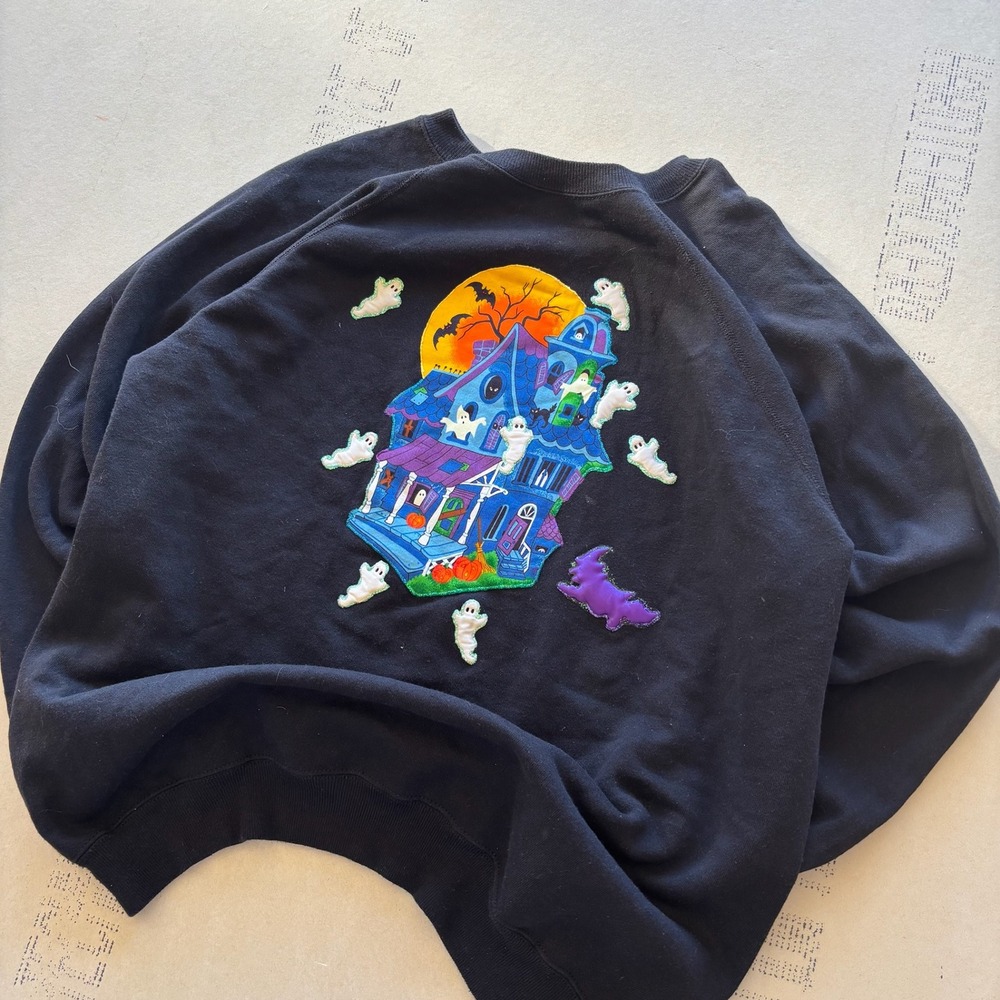 Vintage 90s Hanes Sport Halloween Haunted House Embroidered Sweatshirt XXL